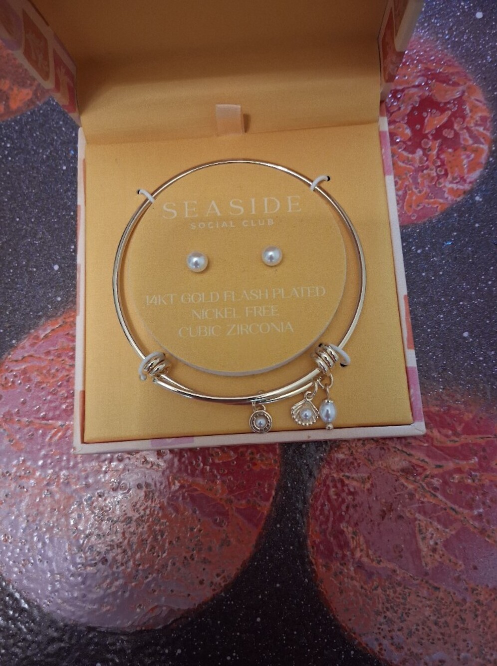 Gold-Tone Charm Bangle Bracelet and Pearl Stud Earrings Set